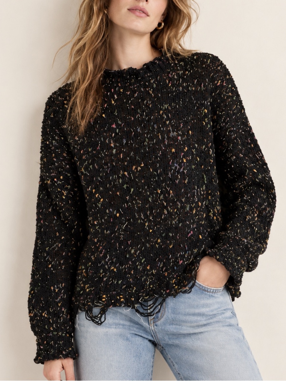 Kyemi Black Confetti Distressed Soft Comfy Knit Sweater Oversized Medium